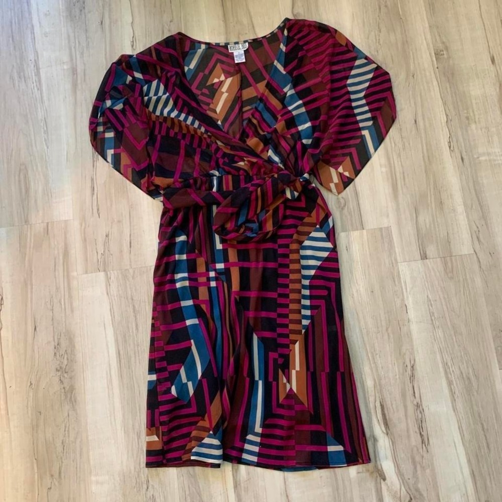 Vintage 1990s geometric Robbie Bee‎ multicoloured kimono-sleeve wrap dress